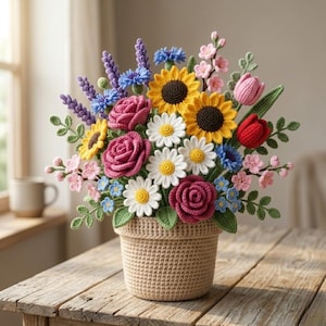 Puede incluir: Un arreglo floral de ganchillo en una maceta de hilo beige, con girasoles amarillos, margaritas blancas, rosas rosas y rojas, acianos azules, lavanda morada y pequeñas flores rosas con hojas verdes, todo elaborado con hilo sobre madera.