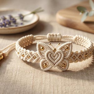 May include: Cream-coloured macrame bracelet with a butterfly design and a heart-shaped centre. The bracelet has gold-coloured beads and tassels. Displayed on a neutral surface.