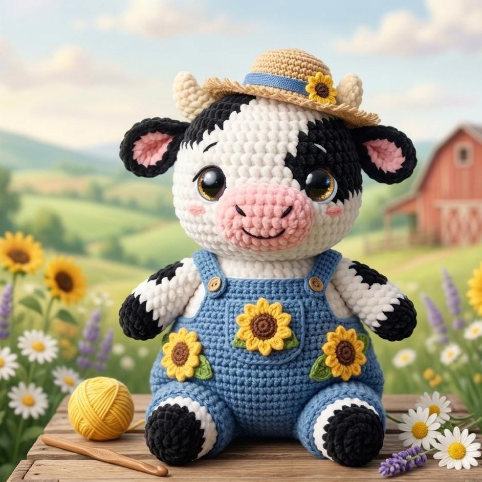 30 Sunflower Cow Crochet Patterns to Bring Rustic Farm Charm to Your Home 9 Sunflower Cow Amigurumi Pattern with Denim Overalls and Straw Hat