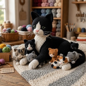 Könnte beinhalten: Eine große, schwarz-weiße Häkelkatze mit mehreren kleineren Häkelkätzchen in verschiedenen Farben. Die Kätzchen sind grau, orange und Schildpatt. Die Katzenfamilie liegt auf einer gestreiften Decke. Ein Holzschild trägt die Aufschrift "Mama & Babies".