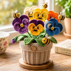 May include: A crocheted flower arrangement featuring colourful pansies in a beige pot. The pansies are in shades of purple, yellow, orange, and blue, with green leaves and small crocheted bees. The pot has a wooden button detail.