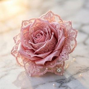 May include: A dusty pink rose flower accessory featuring layered satin petals and intricate lace trim along the edges. The floral piece is embellished with small white faux pearls and a single clear crystal accent at the base of the outer petals.