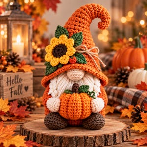 Virkmönster för pumpagnometrar i PDF-format | Amigurumi-tomte med höstmotiv och solrosor | Höstdekorationer för mellannivå | Digital nedladdning 23 cm