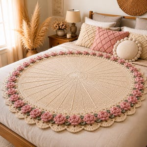May include: A circular, cream-colored crochet blanket featuring a central radial pattern and a decorative border adorned with three-dimensional pink rose motifs and small green leaves, finished with a scalloped edge along the entire perimeter.