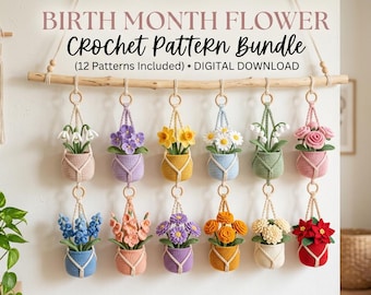 May include: A collection of twelve crochet flower patterns, each in a hanging basket. The flowers are in various colors, including white, purple, yellow, and red. The text at the top reads "BIRTH MONTH FLOWER Crochet Pattern Bundle".