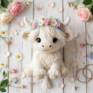 Highland Cow Crochet Pattern PDF – Amigurumi Flower Crown Toy (Instant Download)