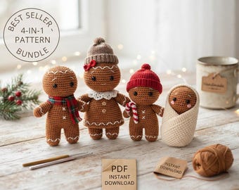 Könnte beinhalten: Vier gehäkelte Lebkuchenfiguren, darunter eine Figur mit kariertem Schal, eine mit brauner Mütze und weißem Kragen, eine mit roter Mütze und Zuckerstange sowie ein eingewickeltes Baby. Text BEST SELLER 4-IN-1 PATTERN BUNDLE und PDF INSTANT DOWNLOAD.
