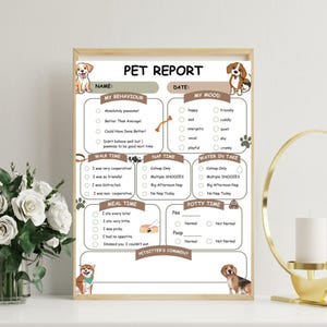 May include: A framed pet report with a beige background and playful dog illustrations. The report includes sections for behavior, mood, walk time, nap time, meal time, water intake, and potty time, with checkboxes for easy tracking.