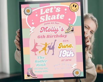 Könnte beinhalten: Eine gerahmte Einladung zu Mollys 6. Geburtstagsparty mit einem rosa und pastellfarbenen Thema, Rollschuhen und Gänseblümchen-Grafiken. Der Text lautet "Let's Skate" und enthält Datum, Uhrzeit und Ort.