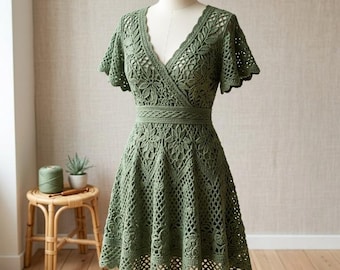 Könnte beinhalten: Ein olivgrünes Häkelkleid mit V-Ausschnitt, kurzen, ausgestellten Ärmeln und einer taillierten Passform. Das Kleidungsstück zeigt ein komplexes florales und geometrisches Lochmuster mit einem ausgestellten Rock, der in einem Bogenkanten-Saum endet.