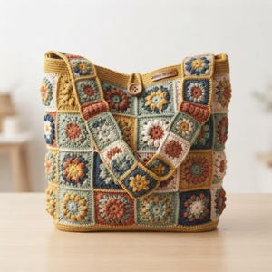 Può includere: Una borsa tote realizzata con quadrati all'uncinetto nei toni del giallo senape, verde salvia, terracotta e crema. La borsa presenta un'ampia tracolla, una chiusura con bottone in legno sulla parte superiore e una piccola etichetta in pelle.