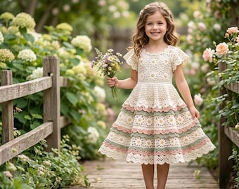 Puede incluir: Un vestido de ganchillo color crema con un patrón de margaritas, mangas con volantes y una falda escalonada con bordes festoneados en tonos rosa suave y verde salvia. El vestido tiene un corpiño ajustado y una silueta acampanada.