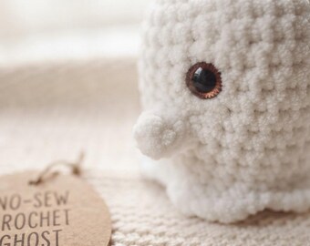 Könnte beinhalten: Eine weiße gehäkelte Geisterfigur mit einem einzigen sichtbaren dunkelbraunen Auge und einer kleinen abgerundeten Ausbuchtung. Ein rundes braunes Papieretikett ist befestigt, das den gedruckten Text trägt: NO-SEW CROCHET GHOST PATTERN in Großbuchstaben.