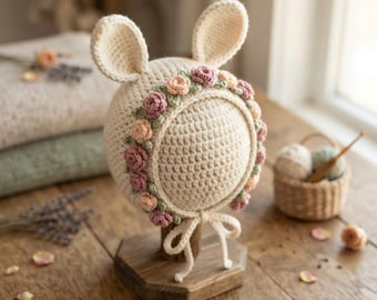 Könnte beinhalten: Eine cremefarbene Häkelhaube mit zwei aufrechten Hasenohren oben und einem dekorativen Kranz aus kleinen, mehrfarbigen Stoffrosen in Rosa-, Pfirsich- und Grüntönen, die die Gesichtsöffnung umrahmen, abgerundet mit passenden Bindebändern am Kinn.