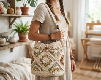 Könnte beinhalten: Eine gehäkelte Umhängetasche mit quadratischem Motivmuster in Creme-, Salbeigrün- und gedämpften Orangetönen. Die Tasche hat einen dicken geflochtenen Riemen mit einer Holzperle und einen zentralen Holzknopfverschluss an der vorderen Klappe.