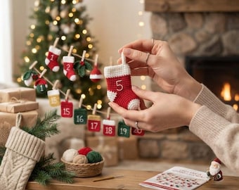 Könnte beinhalten: Ein kleiner gehäkelter Weihnachtsstrumpf in Rot und Weiß mit der in Weiß aufgestickten Zahl 5. Dieser kleine Strumpf ist Teil eines Sets aus hängenden Adventskalender-Ornamenten mit verschiedenen nummerierten Strümpfen und Formen.