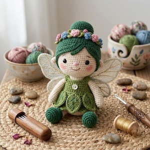May include: A crocheted fairy doll with dark green hair adorned with small pink and blue flowers, wearing a green leaf-patterned dress with a white button, and featuring translucent wings with gold stitching, sitting on a woven mat.