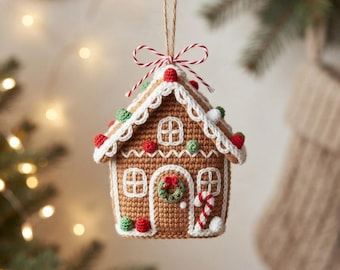 Könnte beinhalten: Ein gehäkelter Lebkuchenhaus-Anhänger in Hellbraun mit weißem Zuckerguss, roten und grünen Bonbon-Akzenten, einem kleinen Kranz an der Tür und einer Zuckerstange. Das Haus hängt an einer Juteschnur mit einer rot-weißen Schleife aus Küchengarn.