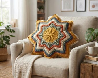 Puede incluir: Un cojín de ganchillo en forma de estrella con un medallón central amarillo rodeado de capas concéntricas de hilo verde salvia, crema, naranja óxido y azul oscuro. El cojín tiene un borde texturizado de punto garbanzo y flecos ligeros.