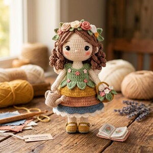 May include: A crocheted doll with brown curly hair, wearing a floral crown and a multi-colored dress in green, yellow, orange, and blue. The doll holds a small beige watering can and a basket of flowers, with a small open book nearby.