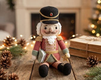 Könnte beinhalten: Eine gehäkelte Nussknacker-Puppe mit schwarzem Hut und rotem Edelstein, roter Jacke mit Goldbesatz, weißem Haar und Bart sowie grünen Akzenten. Die Puppe hält ein kleines Buch und einen goldenen Stern in den Händen und trägt schwarze Stiefel.