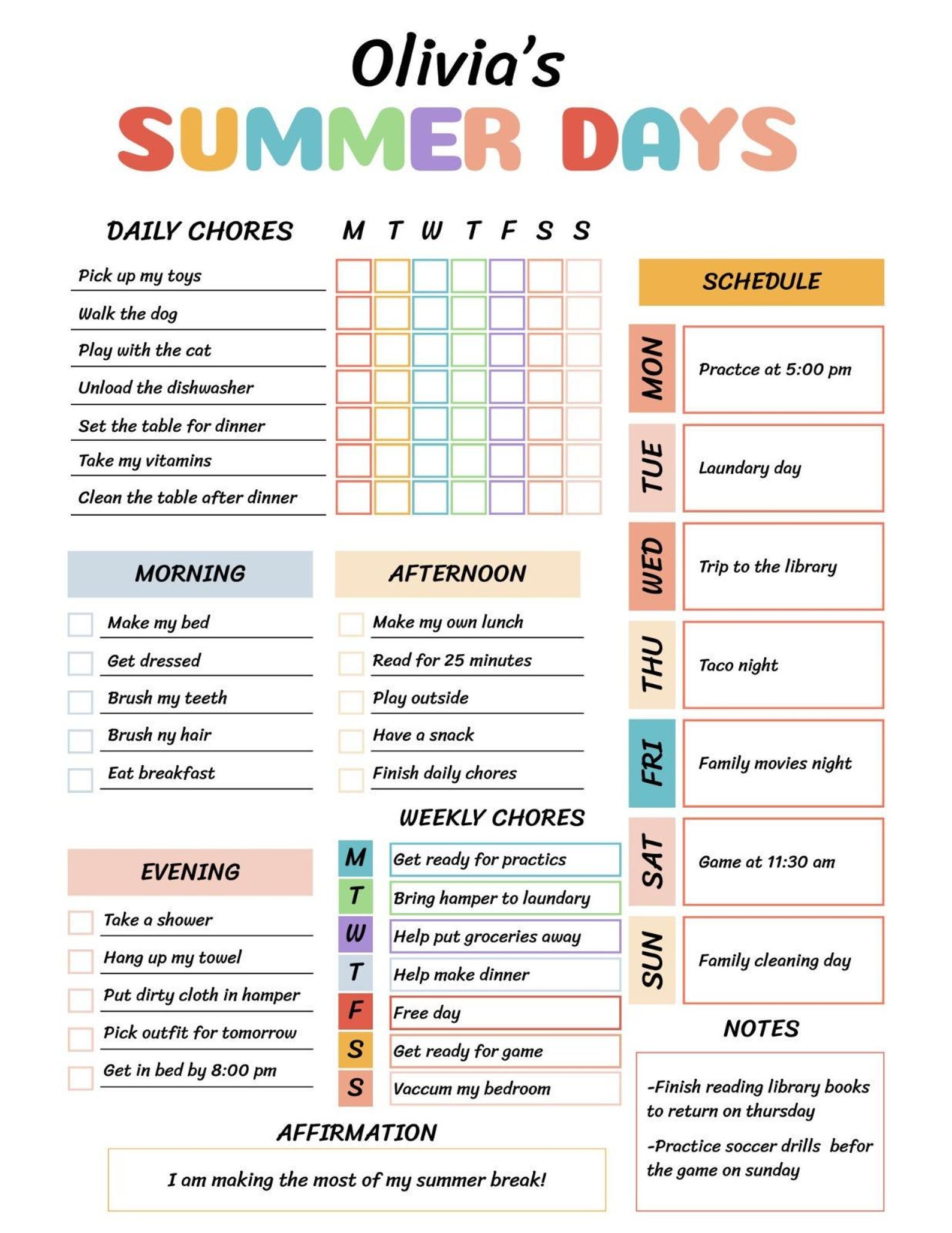 Kids Summer Planner | Daily Chores, Weekly Schedule, Routine (printable ...