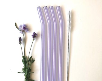 Bent Glass Straws in Lavender, Purple / Set of four reusable glass colored drinking straws