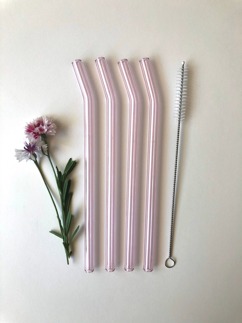 Bent Glass Straws in Sapphire Pink/ Set of four reusable drinking straws / Pyrex / Eco friendly / Smoothie straw / Glass straw image 2