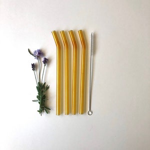 Reusable glass straw / Set of Four / Bent Yellow Glass Straws / Eco friendly / Smoothie Straw / Glass Drinking Straw