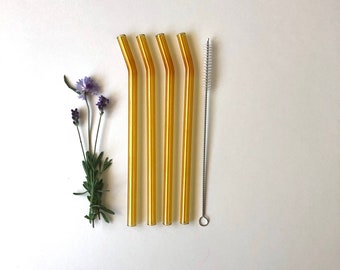 Reusable glass straw / Set of Four / Bent Yellow Glass Straws / Eco friendly / Smoothie Straw / Glass Drinking Straw