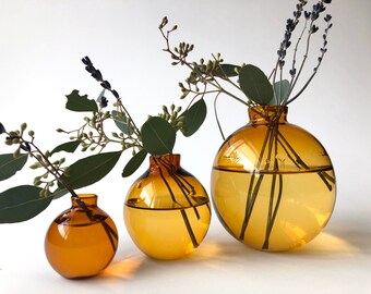 Set of Three Vases in Amber glass / One Medium/ One Small / One Mini/ Handmade blown glass