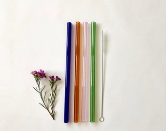 Blue, Pink, Green & Amber / Set of four reusable glass drinking straws / Pyrex / Eco friendly / Smoothie straw