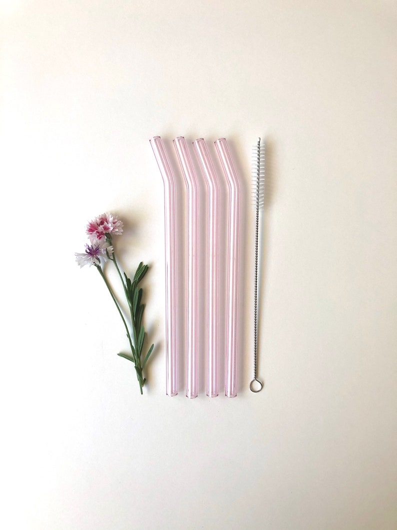 Bent Glass Straws in Sapphire Pink/ Set of four reusable drinking straws / Pyrex / Eco friendly / Smoothie straw / Glass straw image 1