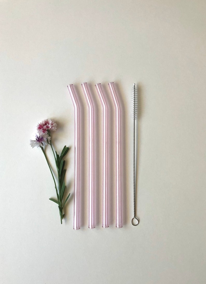 Bent Glass Straws in Sapphire Pink/ Set of four reusable drinking straws / Pyrex / Eco friendly / Smoothie straw / Glass straw image 4