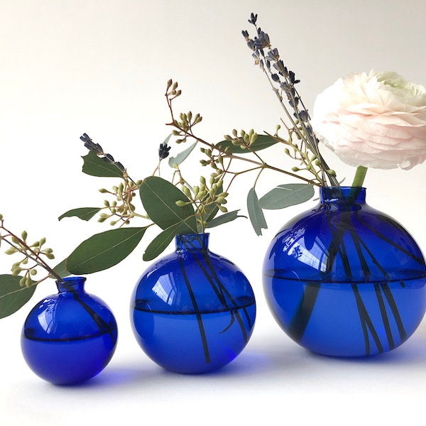 Set of Three Vases in Brilliant Cobalt Blue / One Medium/ One Small / One Mini/ Handmade blown glass