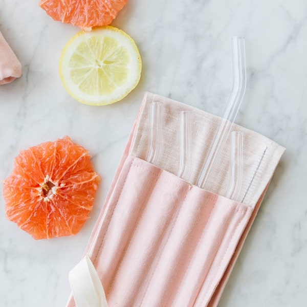 Jillian Harris X Etsy, Clear Bent Glass Straws and Travel Roll  by Brook Drabot Glass