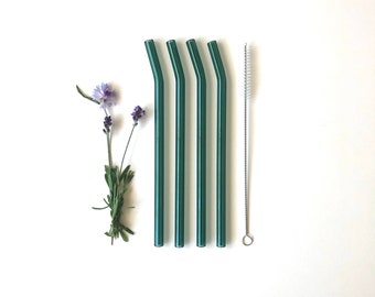 Low Waste Living / Bent Glass Straw Set of Four in Lake Green / Reusable