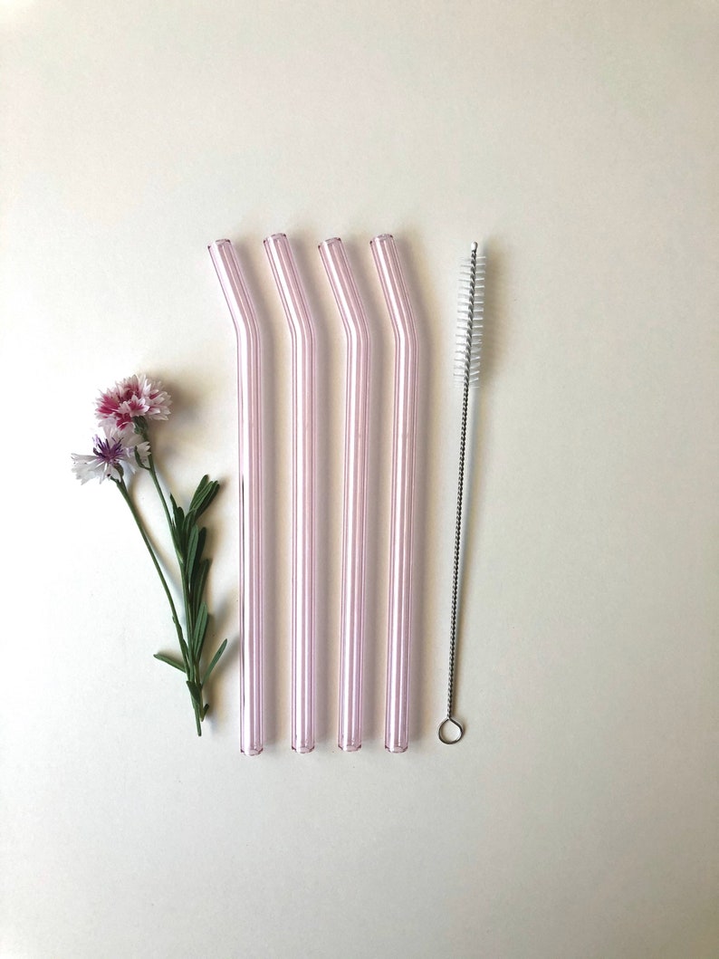 Bent Glass Straws in Sapphire Pink/ Set of four reusable drinking straws / Pyrex / Eco friendly / Smoothie straw / Glass straw image 3