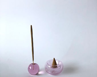 Handmade Blown Sapphire Pink Glass Incense Dish + Crystal ball glass in incense holder.