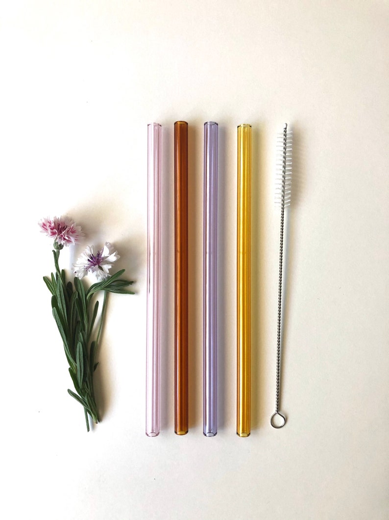 Lavender, Amber, Yellow & Pink / Set of four reusable glass drinking straws / Pyrex / Eco friendly / Smoothie straw image 3