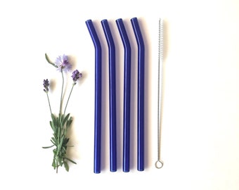 Bent Glass Straw Set of Four Brilliant Blue Reusable Glass Straws / Eco Friendly / Smoothie Straw / Glass Straw