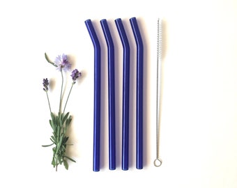 Bent Glass Straws in Brilliant Blue / Set of four reusable drinking straws / Pyrex / Eco friendly / Smoothie straw / Glass straw