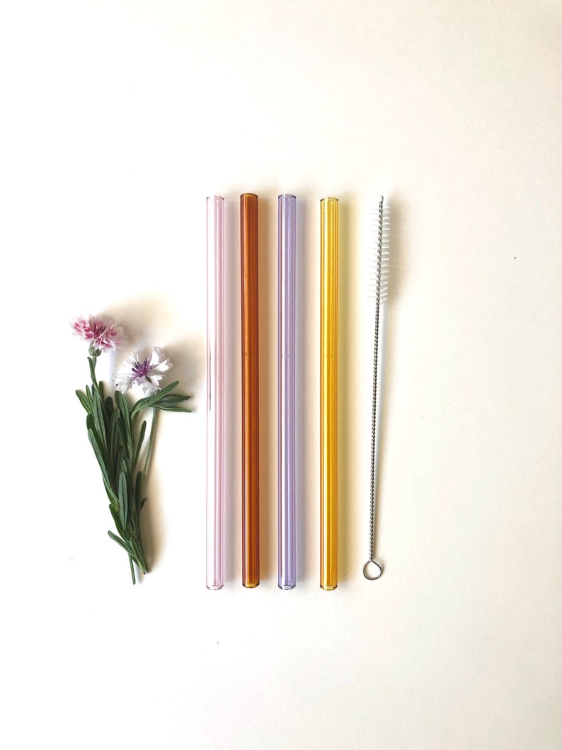 Lavender, Amber, Yellow & Pink / Set of four reusable glass drinking straws / Pyrex / Eco friendly / Smoothie straw image 2