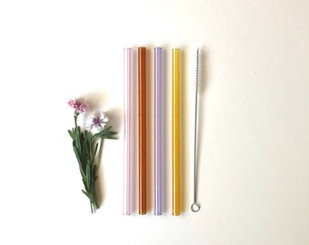 Lavender, Amber, Yellow & Pink / Set of four reusable glass drinking straws / Pyrex / Eco friendly / Smoothie straw
