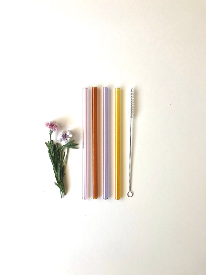 Lavender, Amber, Yellow & Pink / Set of four reusable glass drinking straws / Pyrex / Eco friendly / Smoothie straw image 1