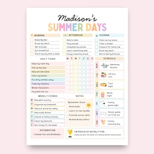 May include: A Madison's Summer Days printable planner sheet featuring sections for morning, afternoon, and evening routines, daily tasks, a weekly schedule with icons, weekly chores, notes, summer goals, and an affirmation section.