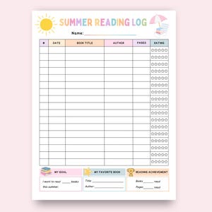 May include: A printable summer reading log sheet featuring a yellow sun and pink umbrella illustration at the top. The document includes columns for date, book title, author, pages, and a five-star rating system, plus sections for reading goals and achievements.