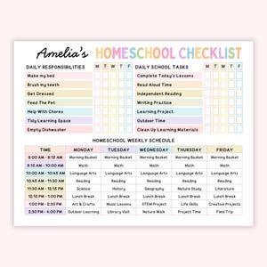 May include: A printed homeschool checklist and weekly schedule for Amelia. The document features pastel-colored rows for daily responsibilities and school tasks, with checkboxes for Monday through Friday, and a grid for daily time slots.