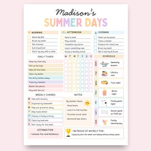 以下が含まれることがあります： Madison's Summer Daysの印刷可能なプランナー。朝、午後、夜のルーチン、毎日のタスク、週ごとの家事トラッカー、アイコン付きのスケジュール、夏の目標、トロフィーのアイコンが付いたアファメーションセクションが含まれています。