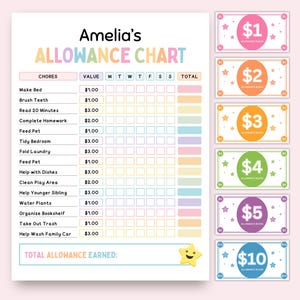 May include: A chore tracking sheet titled Amelia's Allowance Chart with a list of tasks, monetary values, and a weekly grid. Beside the chart are six rectangular play money notes in pink, orange, yellow, green, purple, and blue, labelled $1 to $10.